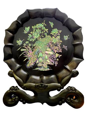 Đĩa gỗ Trắc Hoa sen khảm Phu Thê Viên Mãn